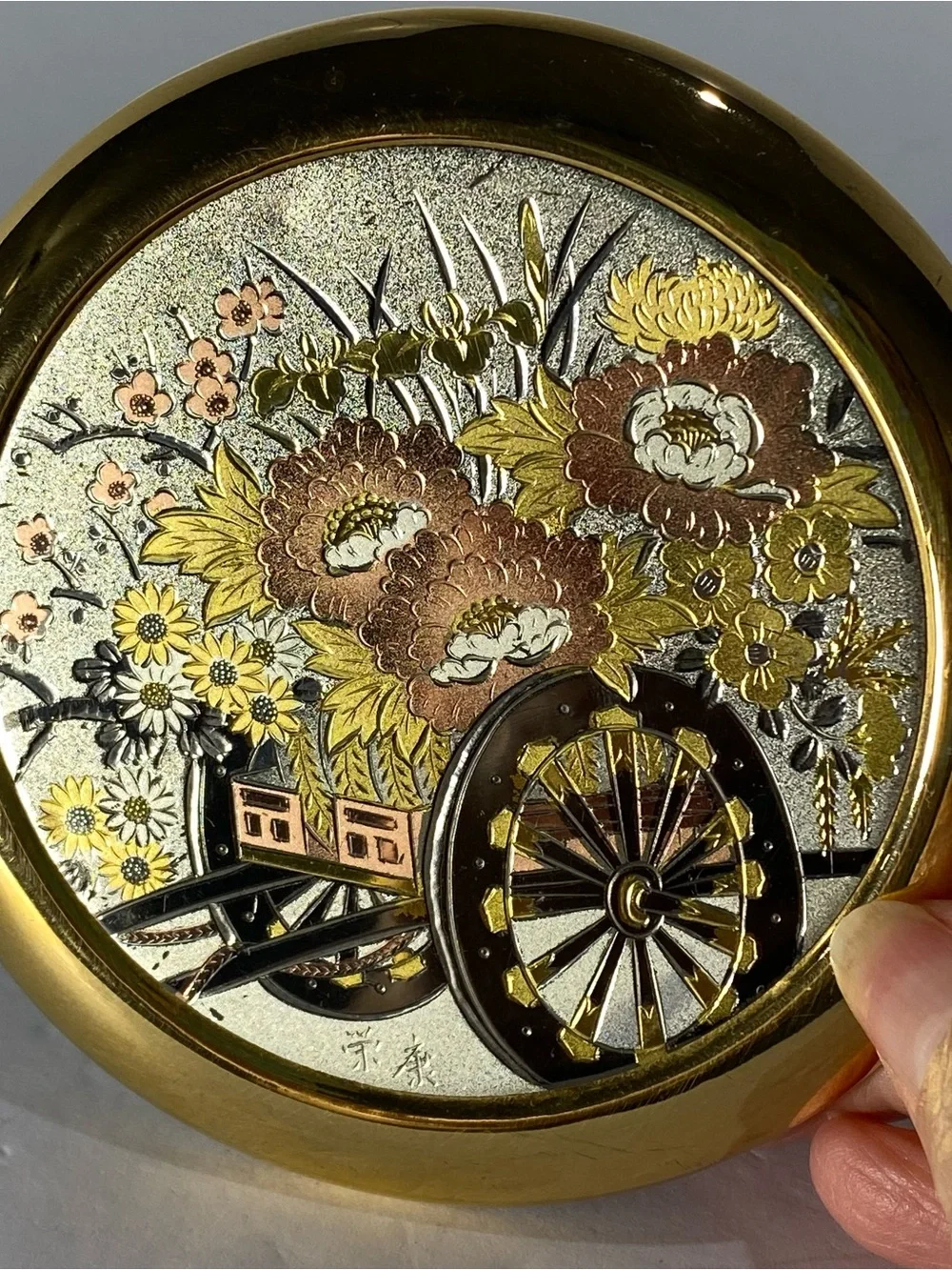 VTG Japanese Art of Chokin Style Trinket Box Black Gold Floral Cart Round Vanity